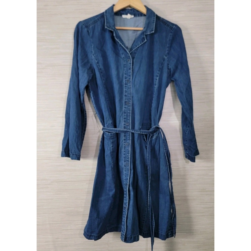 Eileen Fisher Shirt Dress Women Medium Blue Denim Long Sleeve Collared Tie Waist